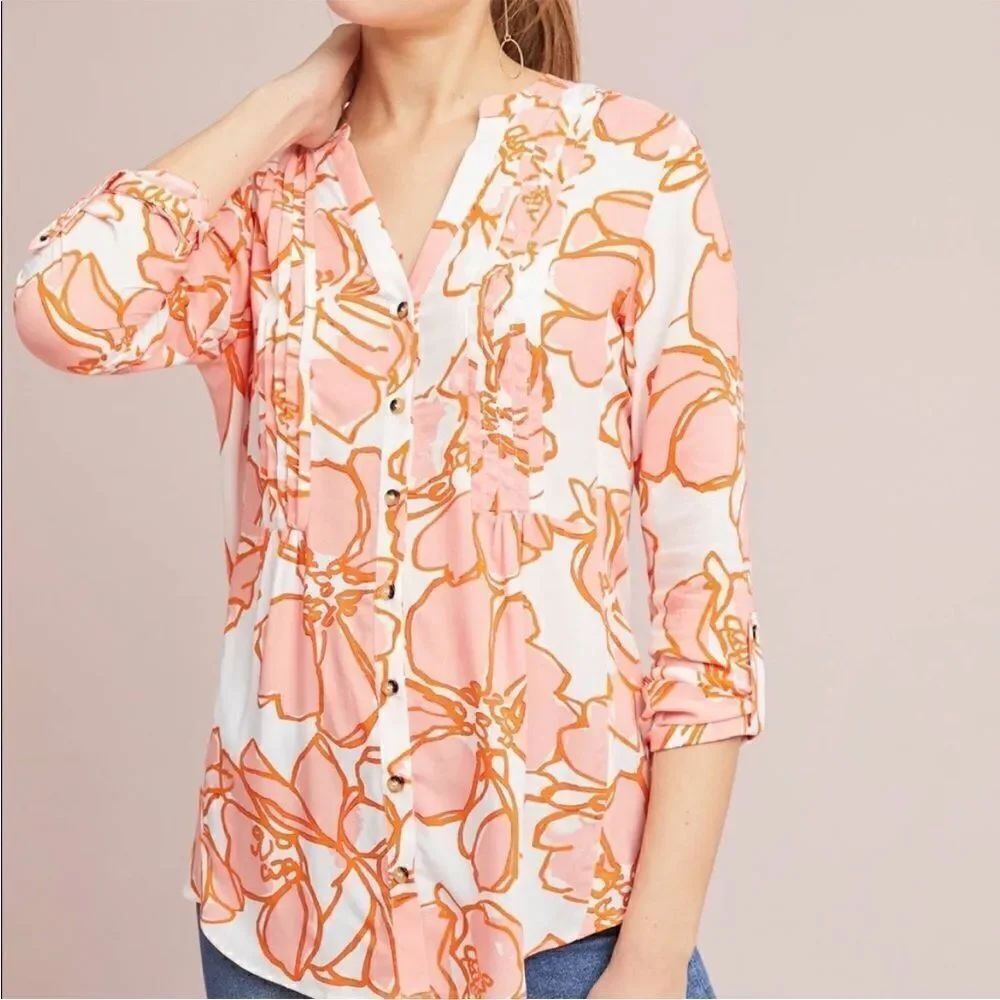 Maeve By Anthropologie Pintucked Floral Long Sleeve Button Down Shirt Size S